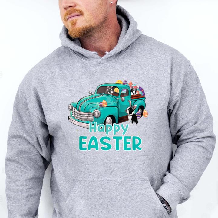 Bunny Boston Terrier happy easter day truck dog men women Hoodie image 0