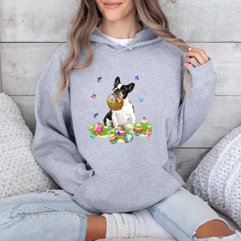 Boston Terrier Bunny Dog With Easter Eggs Basket Butterflies Hoodie image 1