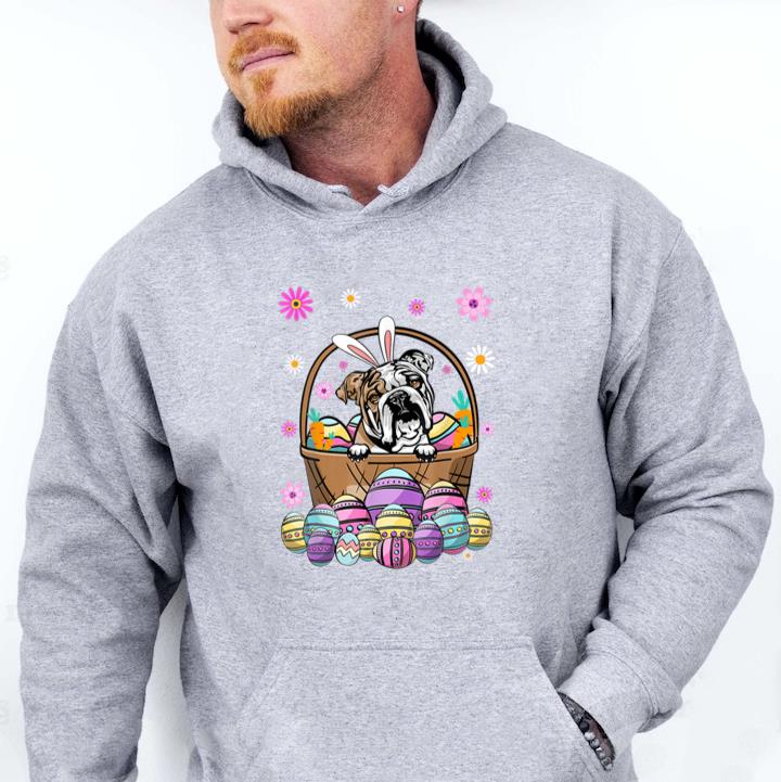 Bunny English Bulldog Dog Easter Eggs Hoodie image 0