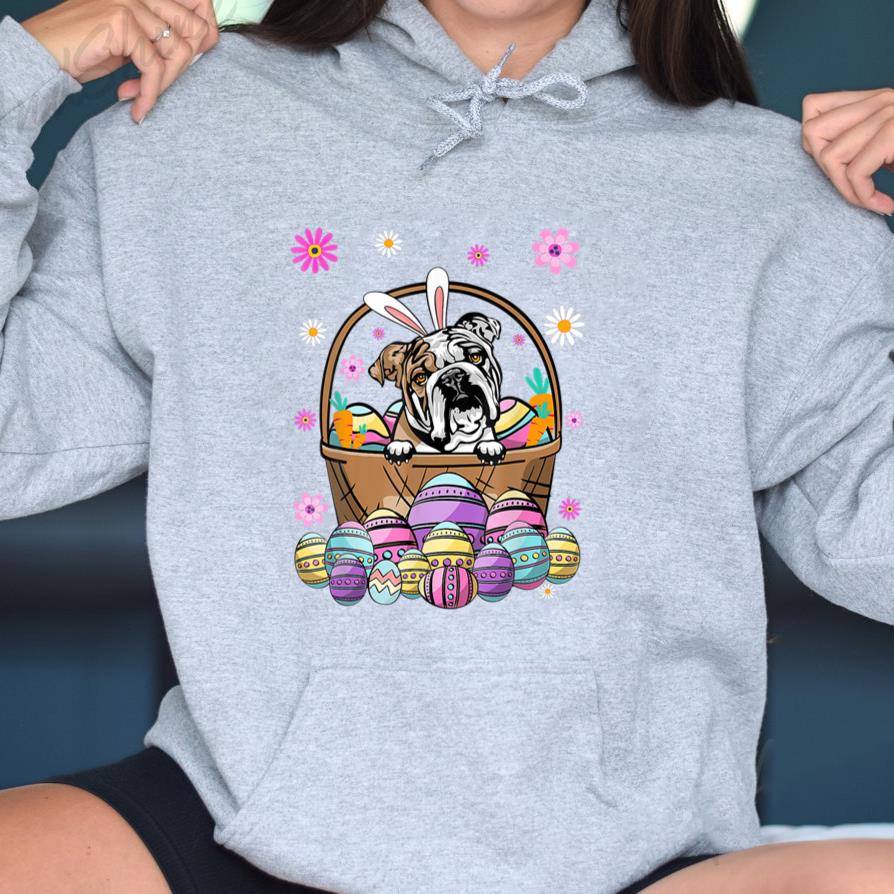 Bunny English Bulldog Dog Easter Eggs Hoodie image 2