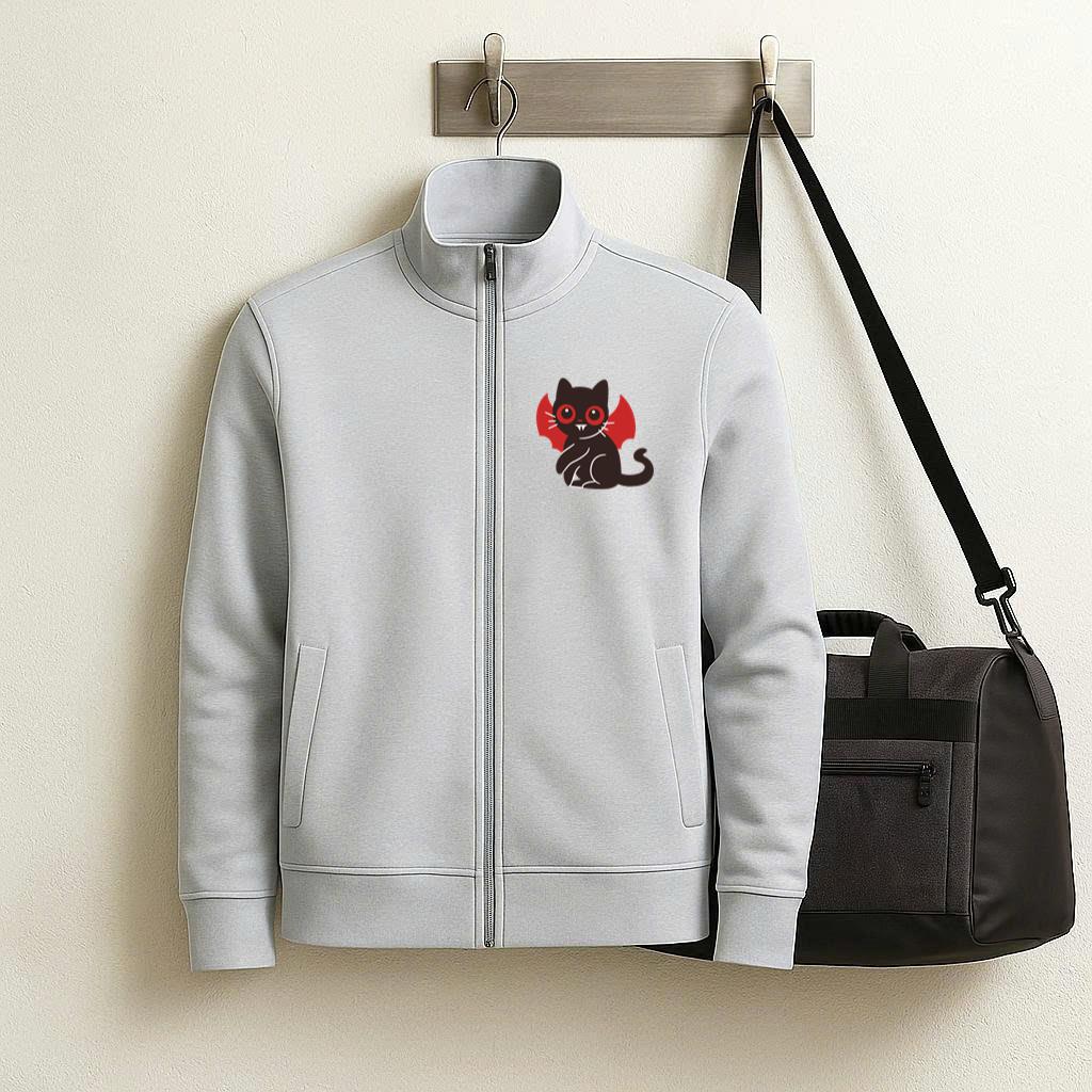 Black Cat With Red Eyes And Fangs Cartoon Jacket image 1