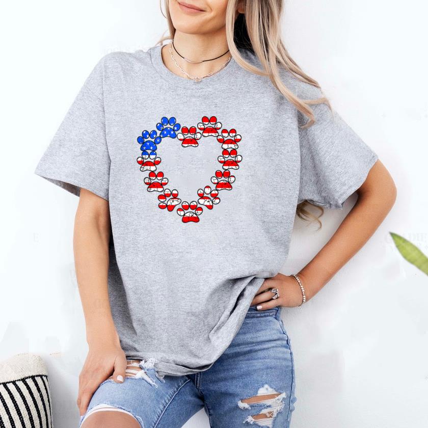 Animal Lover USA Flag Cat Dog Paw Heart T-Shirt image 1