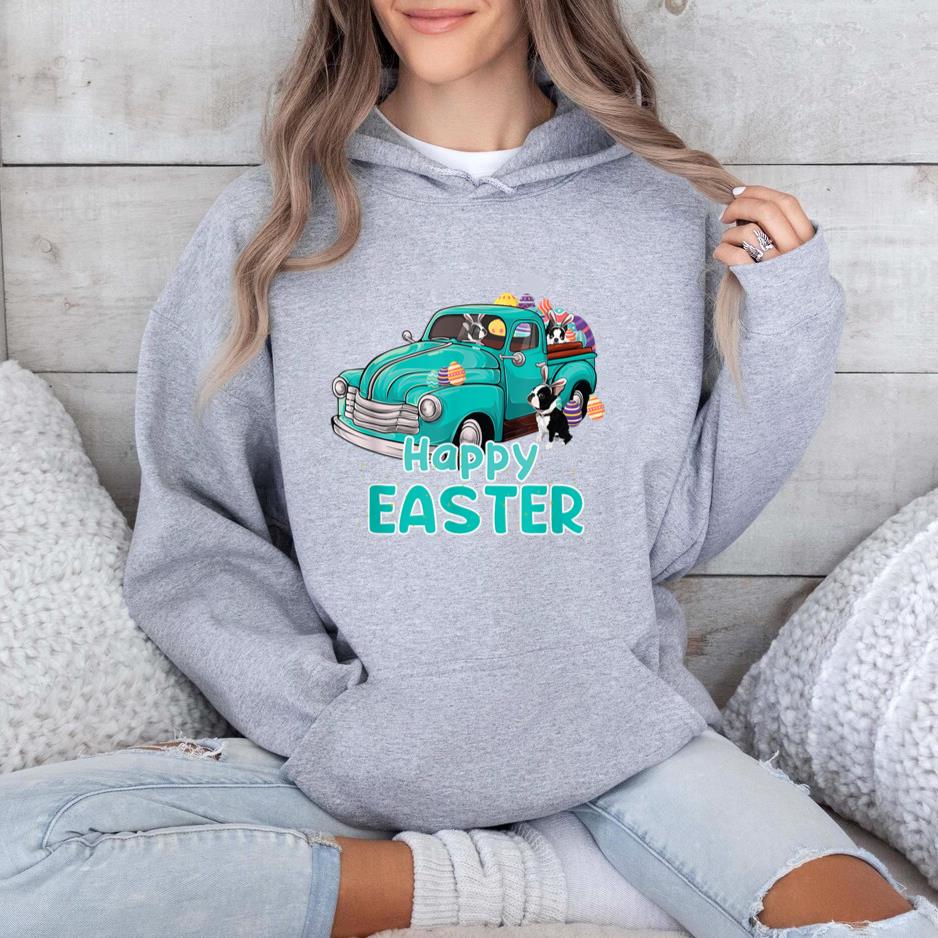 Bunny Boston Terrier happy easter day truck dog men women Hoodie image 1