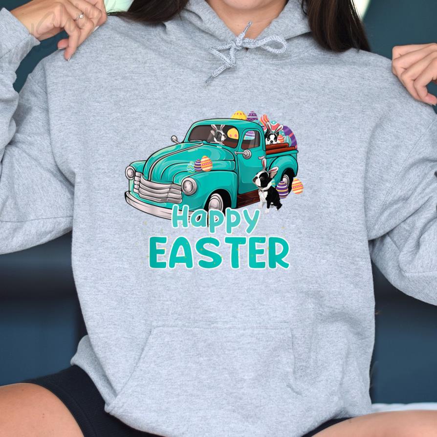 Bunny Boston Terrier happy easter day truck dog men women Hoodie image 2