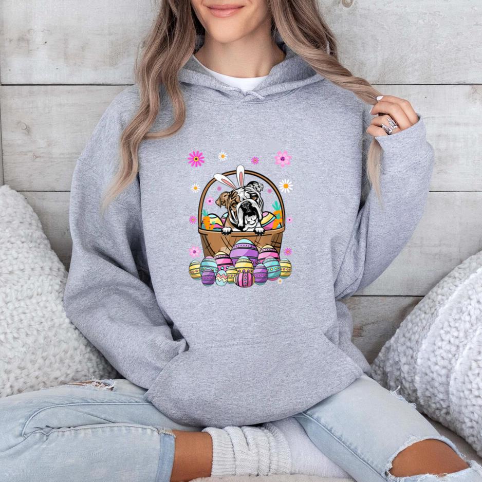 Bunny English Bulldog Dog Easter Eggs Hoodie image 1
