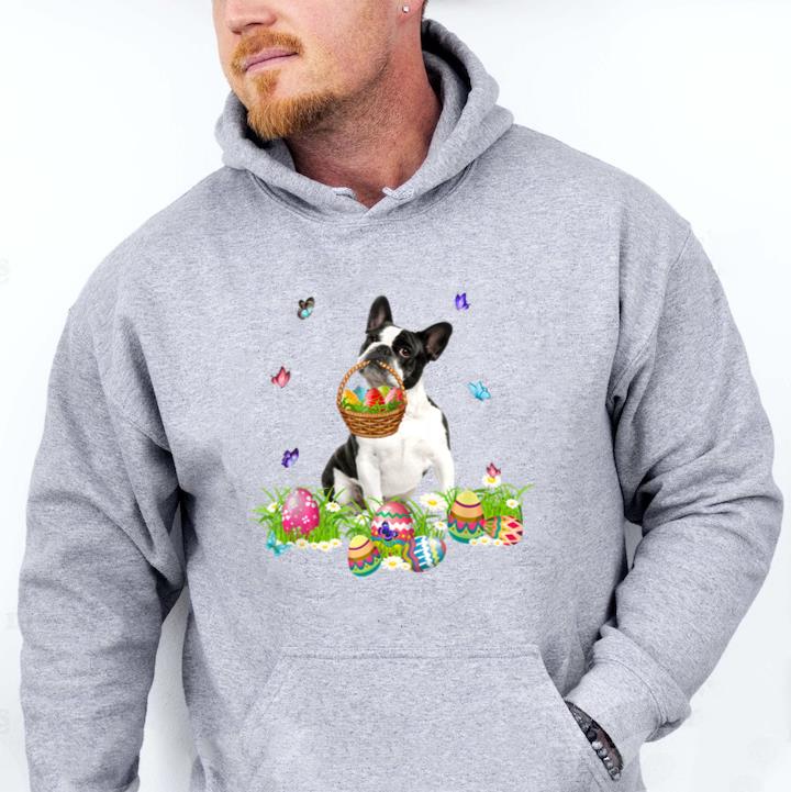 Boston Terrier Bunny Dog With Easter Eggs Basket Butterflies Hoodie image 0