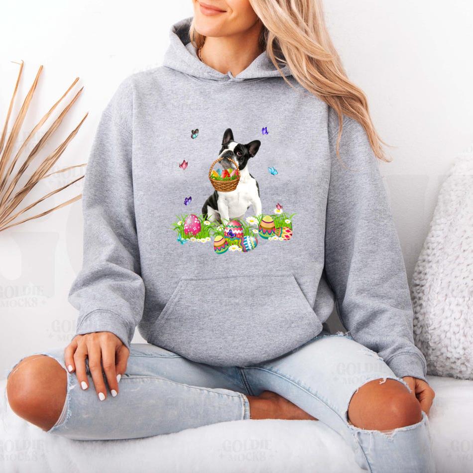 Boston Terrier Bunny Dog With Easter Eggs Basket Butterflies Hoodie image 3