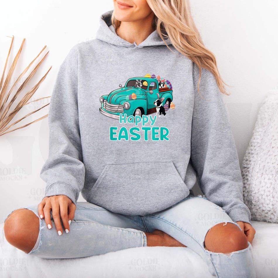 Bunny Boston Terrier happy easter day truck dog men women Hoodie image 3