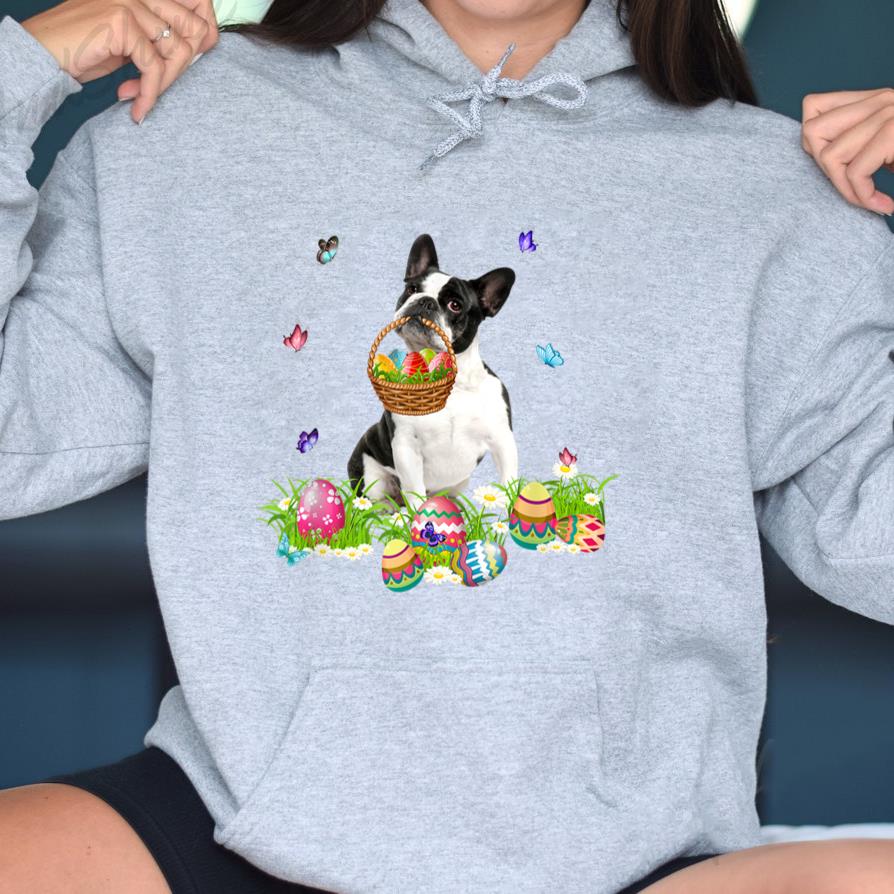 Boston Terrier Bunny Dog With Easter Eggs Basket Butterflies Hoodie image 2